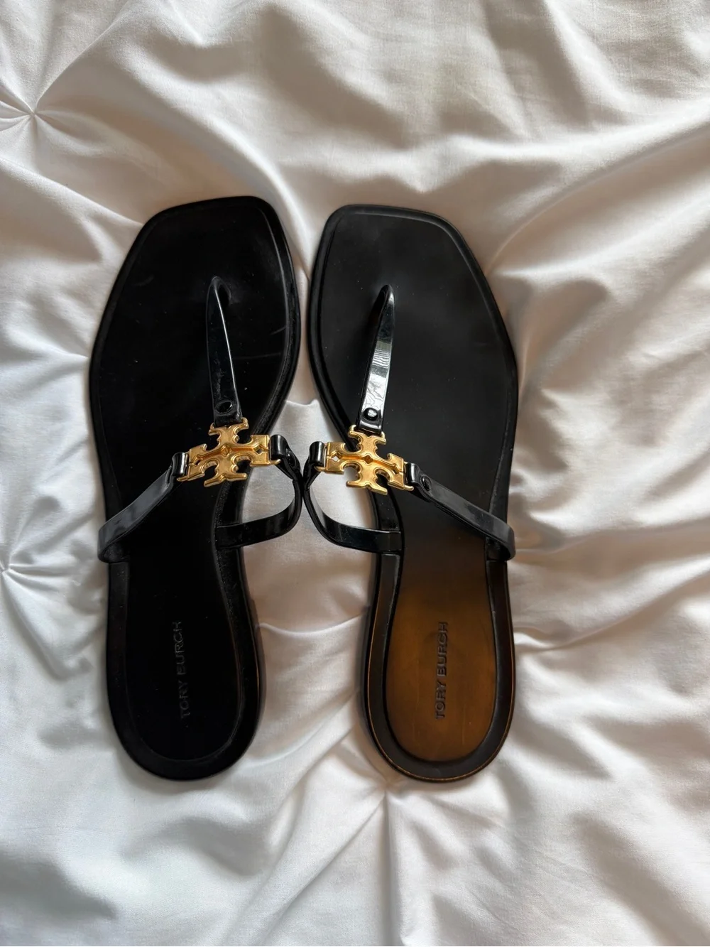 Tory Burch Black Patent Thong Sandals with Gold Logo Medallion